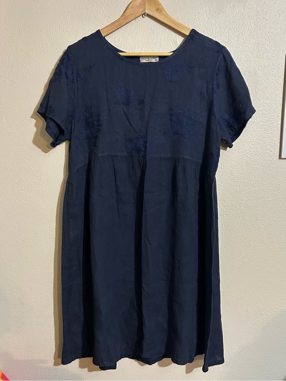 Terzo Millennio Linen Navy Short-Sleeve Shift Dress Floral Embroidered Italy